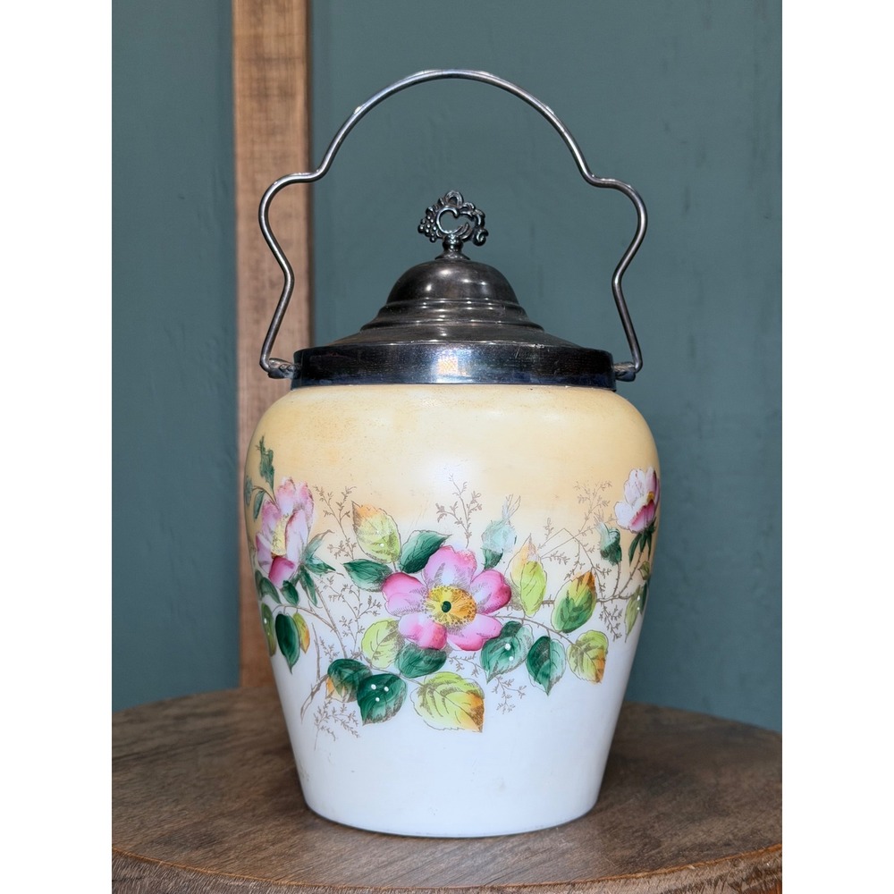 Antique Victorian Art Glass Biscuit Jar Hand Painted Roses Raised Enamel 1890s